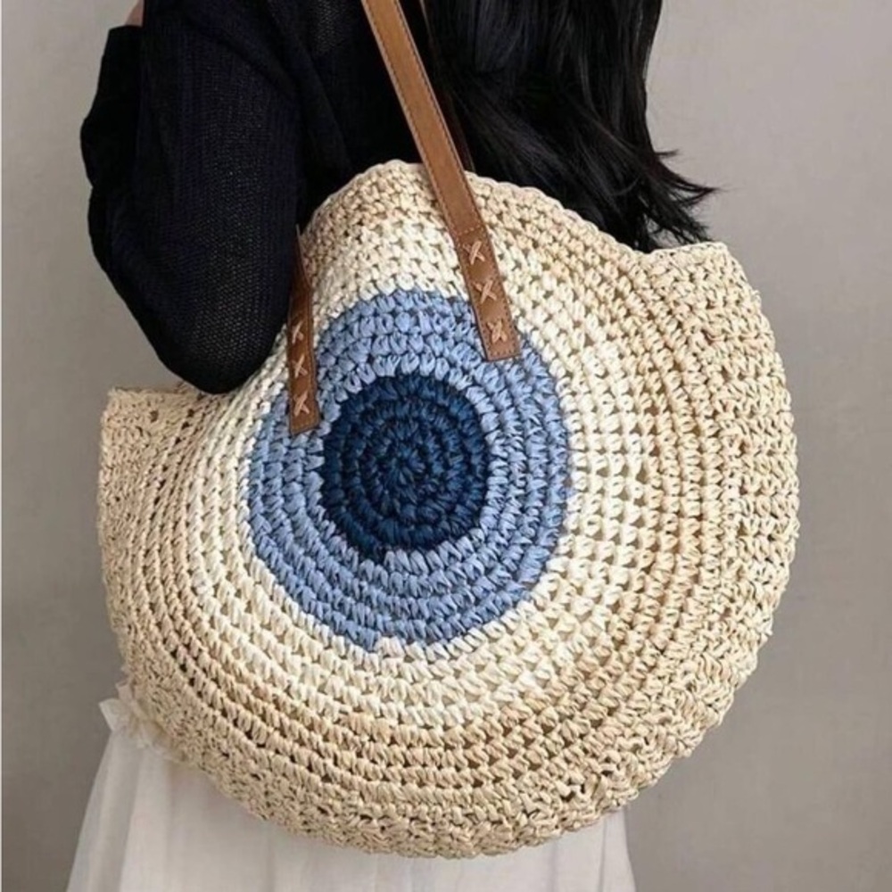 Tan Basket Straw Top Handle Bag Beach Vacation Shoulder Tote Pur…